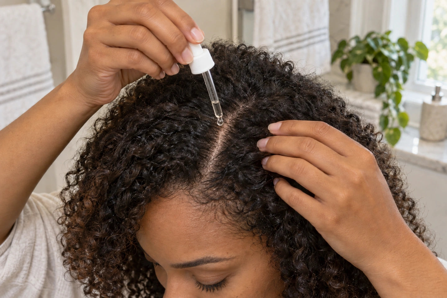 Hold a gentle part open and direct the applicator toward visible scalp while keeping curl groups together. Original placement illustration.
