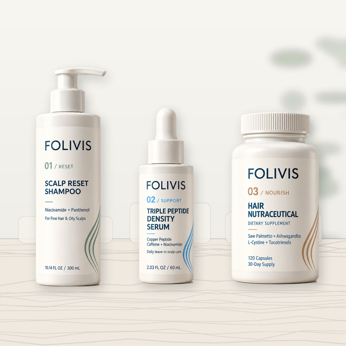 Folivis Complete System with RESET, SUPPORT and NOURISH products arranged as a three-step routine