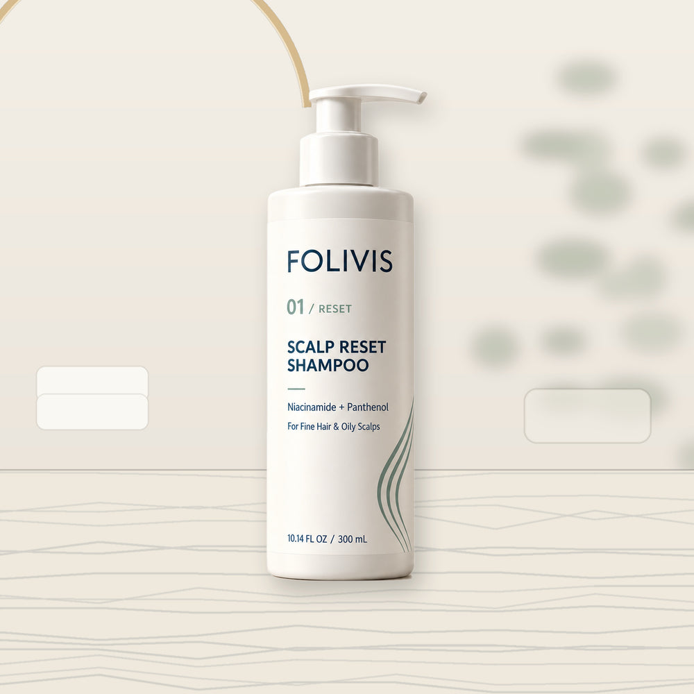 Folivis 01 RESET Scalp Reset Shampoo in a warm bathroom setting