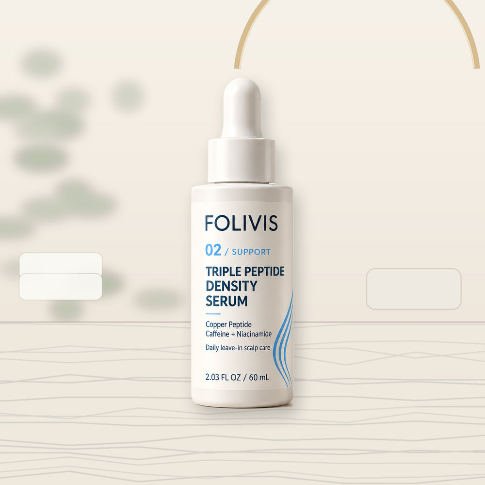 Folivis 02 SUPPORT Triple Peptide Density Serum on a warm vanity surface