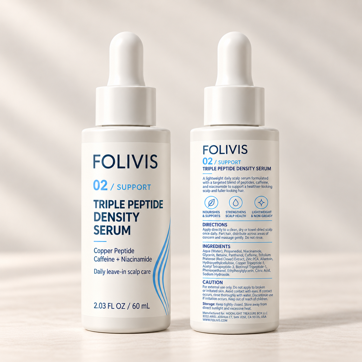Folivis SUPPORT Triple Peptide Density Serum front and back packaging views