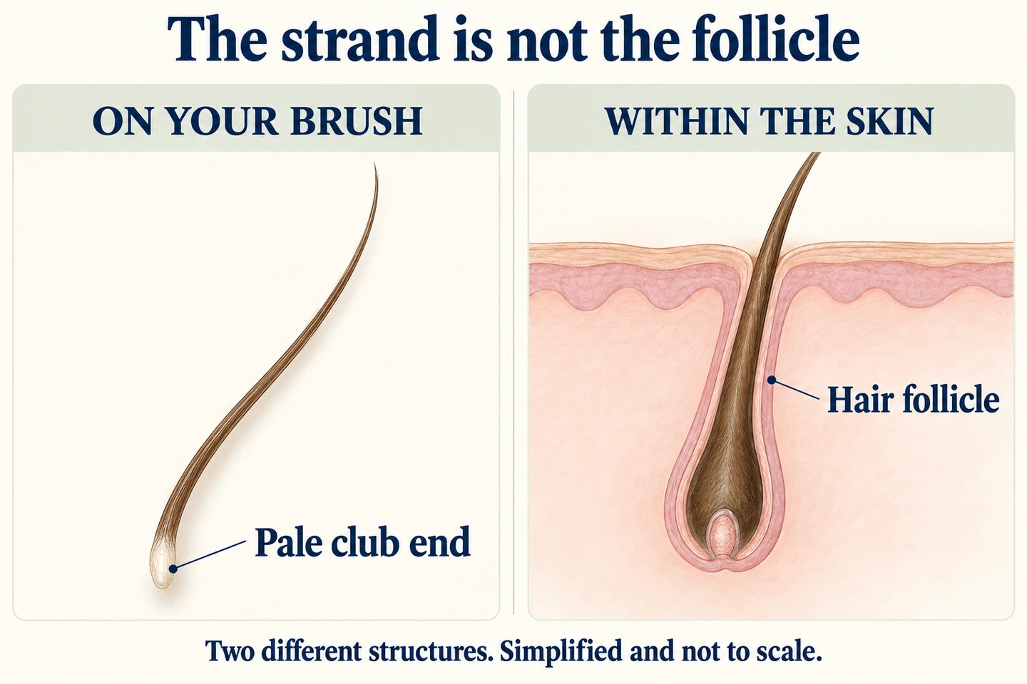 A pale club end belongs to the shed strand; the separate follicle sits within the skin. Simplified anatomy, not to scale.