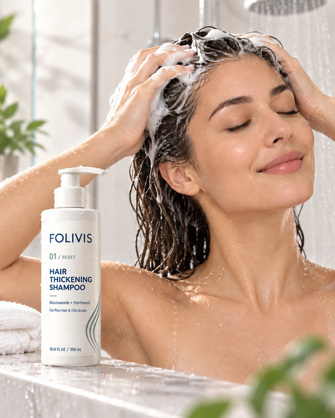 Scalp-focused cleansing with Folivis RESET; condition the lengths according to your hair type. Product-use illustration.