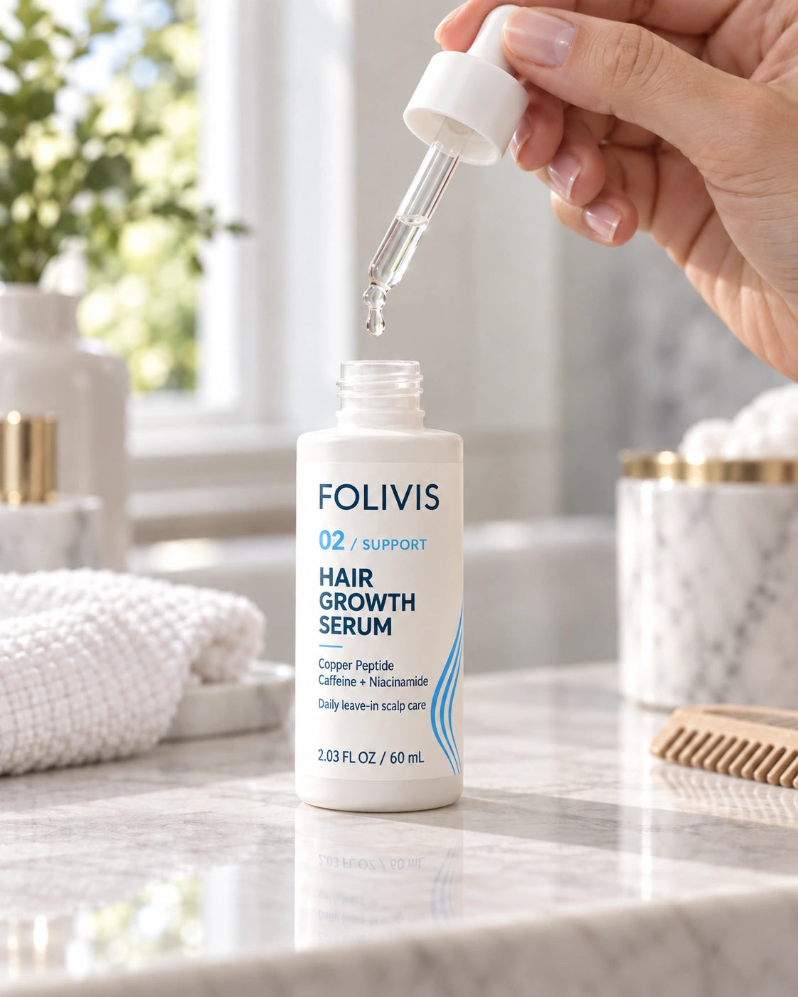 Folivis SUPPORT is a once-daily leave-in scalp step. Apply as directed, then close the bottle and finish your routine. Product illustration.