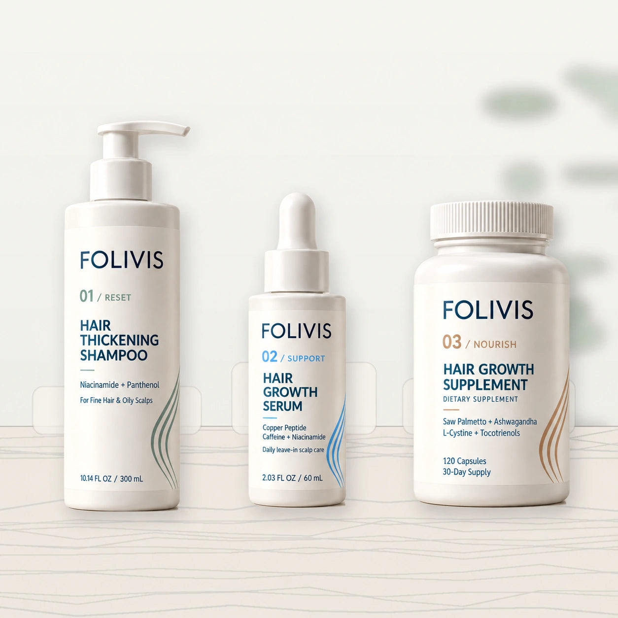 Folivis RESET shampoo, SUPPORT serum and NOURISH supplement: three complementary roles for scalp care and nutritional support.