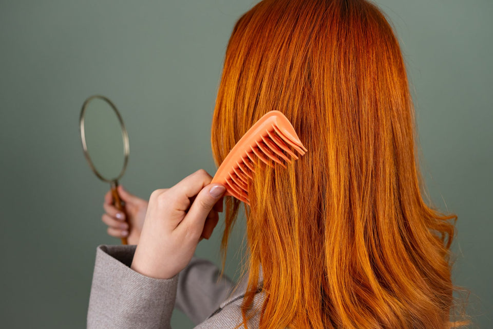 A woman using a wide-tooth comb while holding a hand mirror