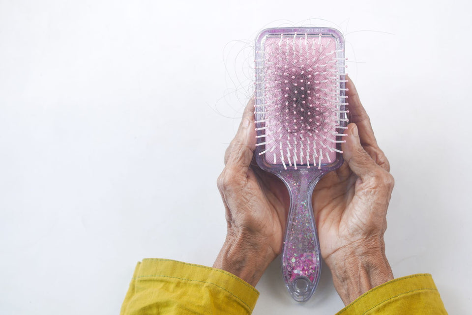 Hands holding a pink paddle brush with loose shed hairs